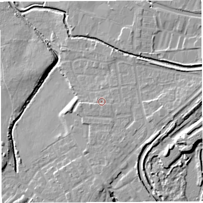 Shaded relief map of the ground around WN35HF, computed from Environment Agency LiDAR. The ground here sits at about 27 m above sea level and falls 13 m across the surrounding 800 m. Surface water reaching this point runs off ground lying to the east-south-east, 3.0 m higher.