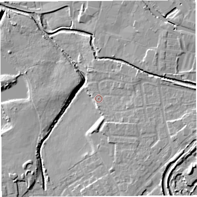 Shaded relief map of the ground around WN35HG, computed from Environment Agency LiDAR. The ground here sits at about 26 m above sea level and falls 11 m across the surrounding 800 m. Surface water reaching this point runs off ground lying to the east-south-east, 5.3 m higher.