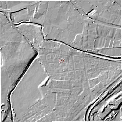 Shaded relief map of the ground around WN35HH, computed from Environment Agency LiDAR. The ground here sits at about 26 m above sea level and falls 13 m across the surrounding 800 m. Surface water reaching this point runs off ground lying to the east-south-east, 4.7 m higher.