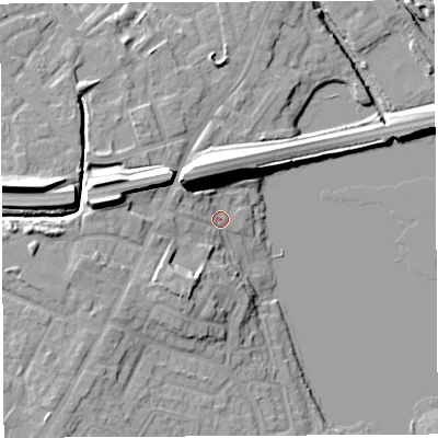 Shaded relief map of the ground around WN35HJ, computed from Environment Agency LiDAR. The ground here sits at about 26 m above sea level and falls 16 m across the surrounding 800 m. Surface water reaching this point runs off ground lying to the south-west, 7.7 m higher.
