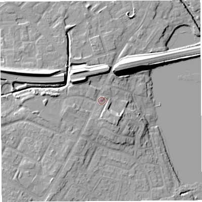 Shaded relief map of the ground around WN35HL, computed from Environment Agency LiDAR. The ground here sits at about 31 m above sea level and falls 16 m across the surrounding 800 m. Surface water reaching this point runs off ground lying to the north-west, 6.3 m higher.