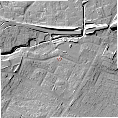 Shaded relief map of the ground around WN35HP, computed from Environment Agency LiDAR. The ground here sits at about 32 m above sea level and falls 13 m across the surrounding 800 m. Surface water reaching this point runs off ground lying to the south-west, 9.8 m higher.
