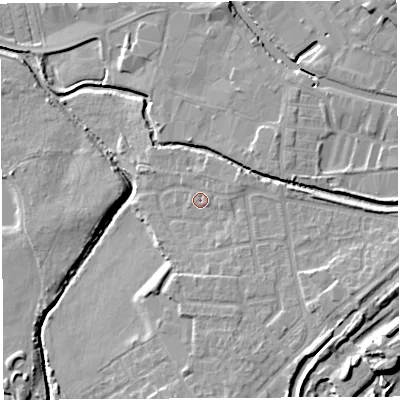 Shaded relief map of the ground around WN35HQ, computed from Environment Agency LiDAR. The ground here sits at about 26 m above sea level and falls 13 m across the surrounding 800 m. Surface water reaching this point runs off ground lying to the east-north-east, 1.6 m higher.