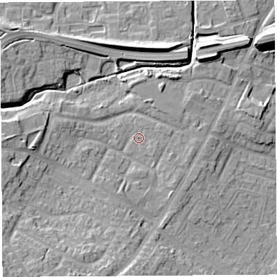 Shaded relief map of the ground around WN35HX, computed from Environment Agency LiDAR. The ground here sits at about 31 m above sea level and falls 14 m across the surrounding 800 m. Surface water reaching this point runs off ground lying to the south-south-west, 7.8 m higher.