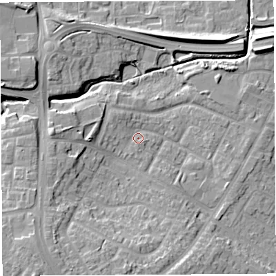 Shaded relief map of the ground around WN35HZ, computed from Environment Agency LiDAR. The ground here sits at about 32 m above sea level and falls 15 m across the surrounding 800 m. Surface water reaching this point runs off ground lying to the south-west, 10.8 m higher.