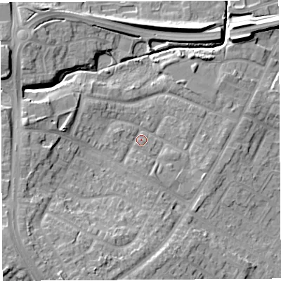 Shaded relief map of the ground around WN35JA, computed from Environment Agency LiDAR. The ground here sits at about 31 m above sea level and falls 15 m across the surrounding 800 m. Surface water reaching this point runs off ground lying to the south-south-west, 9.2 m higher.