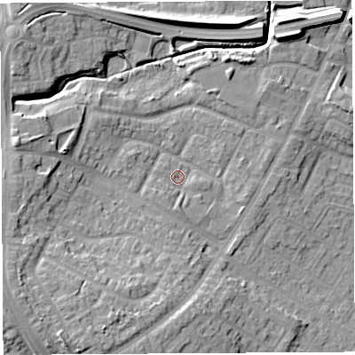 Shaded relief map of the ground around WN35JB, computed from Environment Agency LiDAR. The ground here sits at about 31 m above sea level and falls 13 m across the surrounding 800 m. Surface water reaching this point runs off ground lying to the south-south-west, 9.8 m higher.
