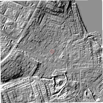 Shaded relief map of the ground around WN35JJ, computed from Environment Agency LiDAR. The ground here sits at about 30 m above sea level and falls 15 m across the surrounding 800 m. Surface water reaching this point runs off ground lying to the west-south-west, 8.7 m higher.