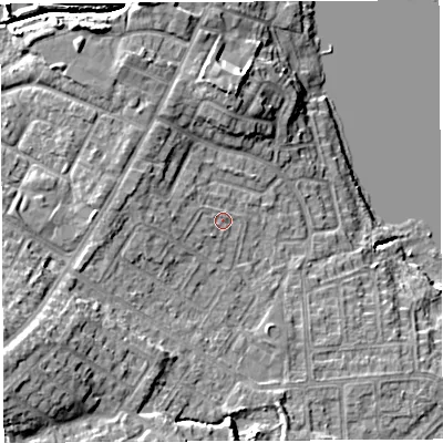 Shaded relief map of the ground around WN35JN, computed from Environment Agency LiDAR. The ground here sits at about 30 m above sea level and falls 15 m across the surrounding 800 m. Surface water reaching this point runs off ground lying to the west, 2.1 m higher.