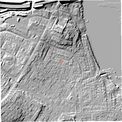 Shaded relief map of the ground around WN35JS, computed from Environment Agency LiDAR. The ground here sits at about 29 m above sea level and falls 15 m across the surrounding 800 m. Surface water reaching this point runs off ground lying to the west, 2.9 m higher.