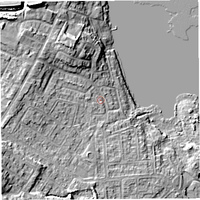 Shaded relief map of the ground around WN35JT, computed from Environment Agency LiDAR. The ground here sits at about 28 m above sea level and falls 14 m across the surrounding 800 m. Surface water reaching this point runs off ground lying to the south-west, 8.8 m higher.