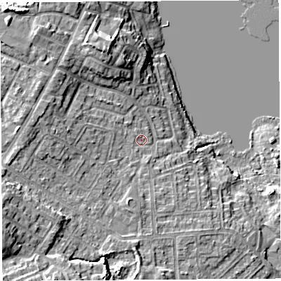 Shaded relief map of the ground around WN35JU, computed from Environment Agency LiDAR. The ground here sits at about 28 m above sea level and falls 13 m across the surrounding 800 m. Surface water reaching this point runs off ground lying to the south-south-west, 0.9 m higher.