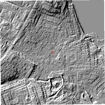 Shaded relief map of the ground around WN35JW, computed from Environment Agency LiDAR. The ground here sits at about 30 m above sea level and falls 15 m across the surrounding 800 m. Surface water reaching this point runs off ground lying to the west-south-west, 8.7 m higher.