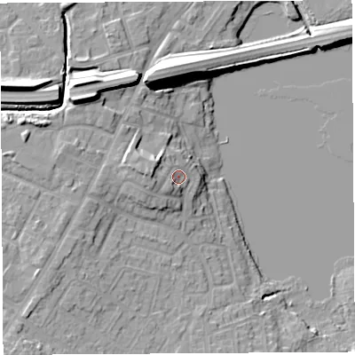 Shaded relief map of the ground around WN35JZ, computed from Environment Agency LiDAR. The ground here sits at about 30 m above sea level and falls 16 m across the surrounding 800 m. Surface water reaching this point runs off ground lying to the west-south-west, 3.3 m higher.