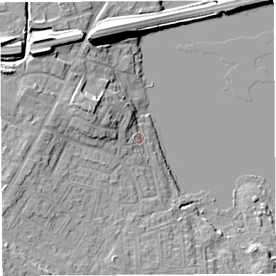 Shaded relief map of the ground around WN35LA, computed from Environment Agency LiDAR. The ground here sits at about 27 m above sea level and falls 15 m across the surrounding 800 m. Surface water reaching this point runs off ground lying to the west-north-west, 3.5 m higher.