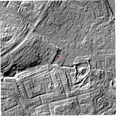 Shaded relief map of the ground around WN35NA, computed from Environment Agency LiDAR. The ground here sits at about 31 m above sea level and falls 18 m across the surrounding 800 m. Surface water reaching this point runs off ground lying to the south-west, 9.1 m higher.