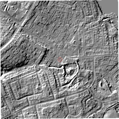Shaded relief map of the ground around WN35NB, computed from Environment Agency LiDAR. The ground here sits at about 30 m above sea level and falls 16 m across the surrounding 800 m. Surface water reaching this point runs off ground lying to the west-south-west, 3.3 m higher.