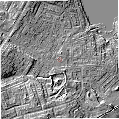 Shaded relief map of the ground around WN35ND, computed from Environment Agency LiDAR. The ground here sits at about 30 m above sea level and falls 15 m across the surrounding 800 m. Surface water reaching this point runs off ground lying to the south-south-west, 6.9 m higher.