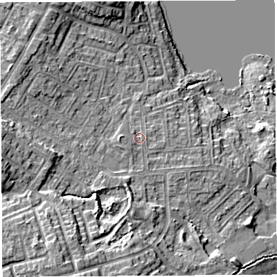 Shaded relief map of the ground around WN35NE, computed from Environment Agency LiDAR. The ground here sits at about 29 m above sea level and falls 14 m across the surrounding 800 m. Surface water reaching this point runs off ground lying to the south-west, 1.1 m higher.