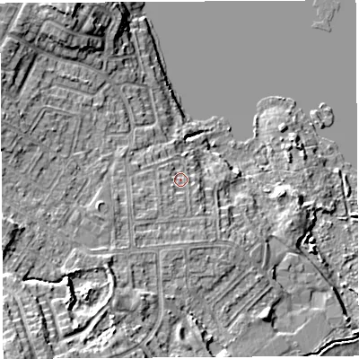 Shaded relief map of the ground around WN35NF, computed from Environment Agency LiDAR. The ground here sits at about 28 m above sea level and falls 14 m across the surrounding 800 m. Surface water reaching this point runs off ground lying to the west-south-west, 2.8 m higher.