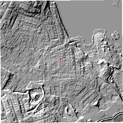 Shaded relief map of the ground around WN35NG, computed from Environment Agency LiDAR. The ground here sits at about 29 m above sea level and falls 14 m across the surrounding 800 m. Surface water reaching this point runs off ground lying to the south-south-west, 1.3 m higher.