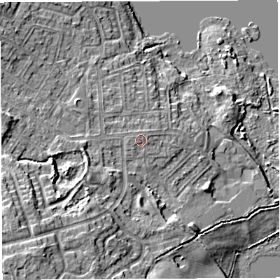 Shaded relief map of the ground around WN35NH, computed from Environment Agency LiDAR. The ground here sits at about 30 m above sea level and falls 15 m across the surrounding 800 m. Surface water reaching this point runs off ground lying to the north, 0.6 m higher.