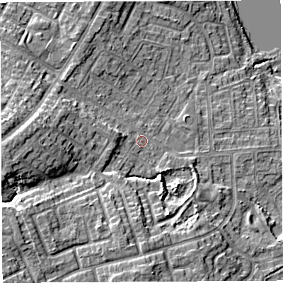 Shaded relief map of the ground around WN35NL, computed from Environment Agency LiDAR. The ground here sits at about 30 m above sea level and falls 16 m across the surrounding 800 m. Surface water reaching this point runs off ground lying to the west, 7.8 m higher.