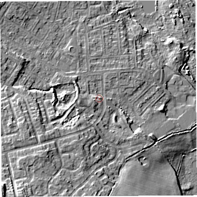 Shaded relief map of the ground around WN35NP, computed from Environment Agency LiDAR. The ground here sits at about 30 m above sea level and falls 20 m across the surrounding 800 m. Surface water reaching this point runs off ground lying to the south-west, 8.6 m higher.