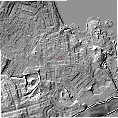 Shaded relief map of the ground around WN35NQ, computed from Environment Agency LiDAR. The ground here sits at about 30 m above sea level and falls 15 m across the surrounding 800 m. Surface water reaching this point runs off ground lying to the west, 0.9 m higher.