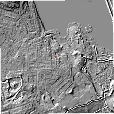 Shaded relief map of the ground around WN35NU, computed from Environment Agency LiDAR. The ground here sits at about 27 m above sea level and falls 14 m across the surrounding 800 m. Surface water reaching this point runs off ground lying to the south-west, 3.0 m higher.