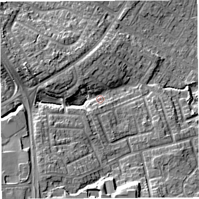 Shaded relief map of the ground around WN35QF, computed from Environment Agency LiDAR. The ground here sits at about 35 m above sea level and falls 16 m across the surrounding 800 m. Surface water reaching this point runs off ground lying to the south-south-west, 11.8 m higher.