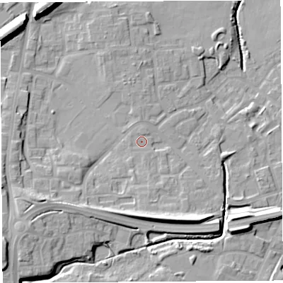 Shaded relief map of the ground around WN35TE, computed from Environment Agency LiDAR. The ground here sits at about 30 m above sea level and falls 17 m across the surrounding 800 m. Surface water reaching this point runs off ground lying to the south-south-east, 1.5 m higher.