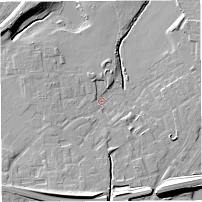 Shaded relief map of the ground around WN35TL, computed from Environment Agency LiDAR. The ground here sits at about 26 m above sea level and falls 16 m across the surrounding 800 m. Surface water reaching this point runs off ground lying to the south, 11.6 m higher.
