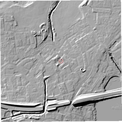 Shaded relief map of the ground around WN35TP, computed from Environment Agency LiDAR. The ground here sits at about 27 m above sea level and falls 16 m across the surrounding 800 m. Surface water reaching this point runs off ground lying to the south-west, 11.7 m higher.