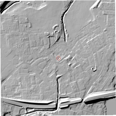 Shaded relief map of the ground around WN35TS, computed from Environment Agency LiDAR. The ground here sits at about 27 m above sea level and falls 16 m across the surrounding 800 m. Surface water reaching this point runs off ground lying to the south-south-west, 11.9 m higher.