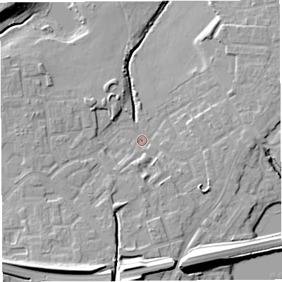 Shaded relief map of the ground around WN35TT, computed from Environment Agency LiDAR. The ground here sits at about 26 m above sea level and falls 16 m across the surrounding 800 m. Surface water reaching this point runs off ground lying to the south-south-west, 12.7 m higher.