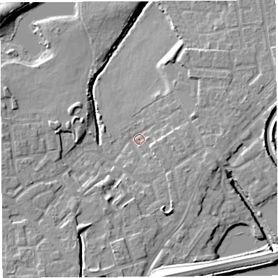 Shaded relief map of the ground around WN35TU, computed from Environment Agency LiDAR. The ground here sits at about 26 m above sea level and falls 15 m across the surrounding 800 m. Surface water reaching this point runs off ground lying to the east-south-east, 3.5 m higher.