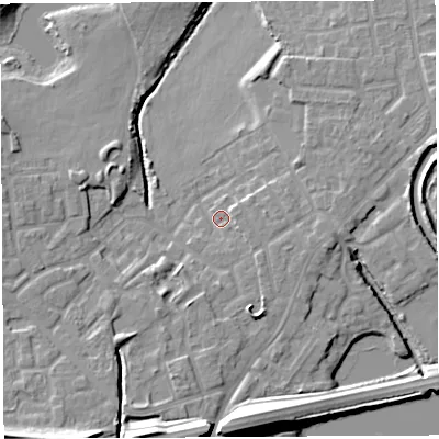 Shaded relief map of the ground around WN35TX, computed from Environment Agency LiDAR. The ground here sits at about 26 m above sea level and falls 16 m across the surrounding 800 m. Surface water reaching this point runs off ground lying to the east-south-east, 2.3 m higher.