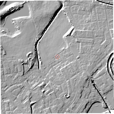Shaded relief map of the ground around WN35TZ, computed from Environment Agency LiDAR. The ground here sits at about 25 m above sea level and falls 10 m across the surrounding 800 m. Surface water reaching this point runs off ground lying to the east, 3.8 m higher.