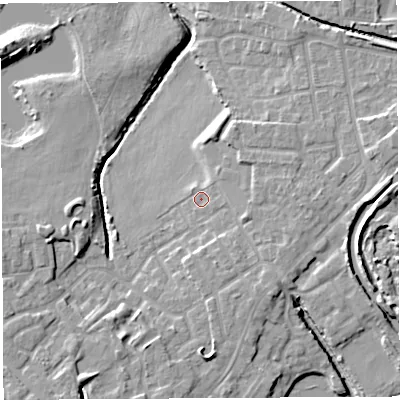 Shaded relief map of the ground around WN35UA, computed from Environment Agency LiDAR. The ground here sits at about 26 m above sea level and falls 9 m across the surrounding 800 m. Surface water reaching this point runs off ground lying to the east, 2.4 m higher.