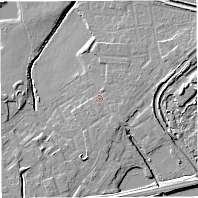 Shaded relief map of the ground around WN35UB, computed from Environment Agency LiDAR. The ground here sits at about 27 m above sea level and falls 11 m across the surrounding 800 m. Surface water reaching this point runs off ground lying to the east-north-east, 1.8 m higher.