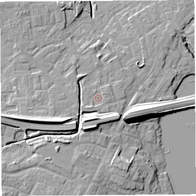 Shaded relief map of the ground around WN35UF, computed from Environment Agency LiDAR. The ground here sits at about 29 m above sea level and falls 16 m across the surrounding 800 m. Surface water reaching this point runs off ground lying to the south-west, 2.1 m higher.