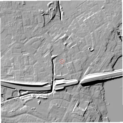 Shaded relief map of the ground around WN35UG, computed from Environment Agency LiDAR. The ground here sits at about 29 m above sea level and falls 16 m across the surrounding 800 m. Surface water reaching this point runs off ground lying to the south-west, 11.1 m higher.