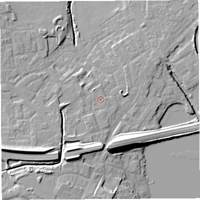 Shaded relief map of the ground around WN35UQ, computed from Environment Agency LiDAR. The ground here sits at about 28 m above sea level and falls 16 m across the surrounding 800 m. Surface water reaching this point runs off ground lying to the south-south-west, 1.9 m higher.