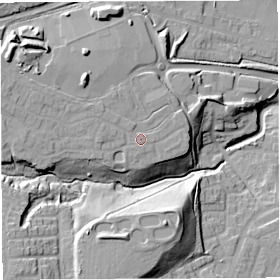 Shaded relief map of the ground around WN36GR, computed from Environment Agency LiDAR. The ground here sits at about 52 m above sea level and falls 30 m across the surrounding 800 m. Surface water reaching this point runs off ground lying to the north-west, 1.4 m higher.
