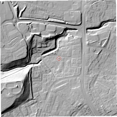 Shaded relief map of the ground around WN36RB, computed from Environment Agency LiDAR. The ground here sits at about 36 m above sea level and falls 30 m across the surrounding 800 m. Surface water reaching this point runs off ground lying to the south-south-east, 7.0 m higher.