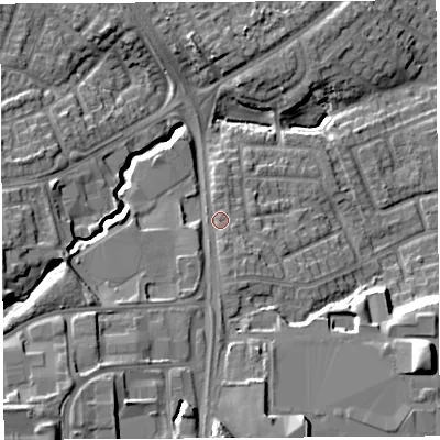 Shaded relief map of the ground around WN36XN, computed from Environment Agency LiDAR. The ground here sits at about 40 m above sea level and falls 20 m across the surrounding 800 m. Surface water reaching this point runs off ground lying to the south, 5.7 m higher.