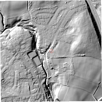 Shaded relief map of the ground around WN40NA, computed from Environment Agency LiDAR. The ground here sits at about 80 m above sea level and falls 27 m across the surrounding 800 m. Surface water reaching this point runs off ground lying to the north-north-west, 5.3 m higher.