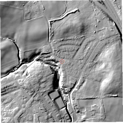 Shaded relief map of the ground around WN40NG, computed from Environment Agency LiDAR. The ground here sits at about 82 m above sea level and falls 30 m across the surrounding 800 m. Surface water reaching this point runs off ground lying to the north-north-west, 3.5 m higher.