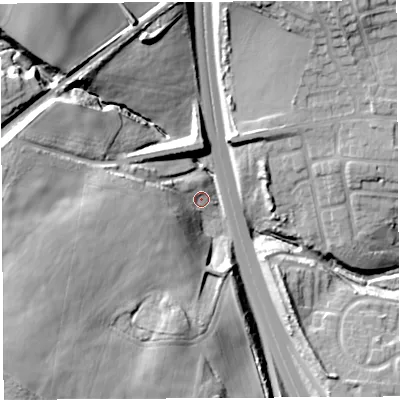 Shaded relief map of the ground around WN40PA, computed from Environment Agency LiDAR. The ground here sits at about 54 m above sea level and falls 27 m across the surrounding 800 m. Surface water reaching this point runs off ground lying to the west-south-west, 20.0 m higher.